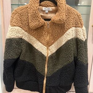 She + Sky Tan, Cream, and Black Sherpa Jacket